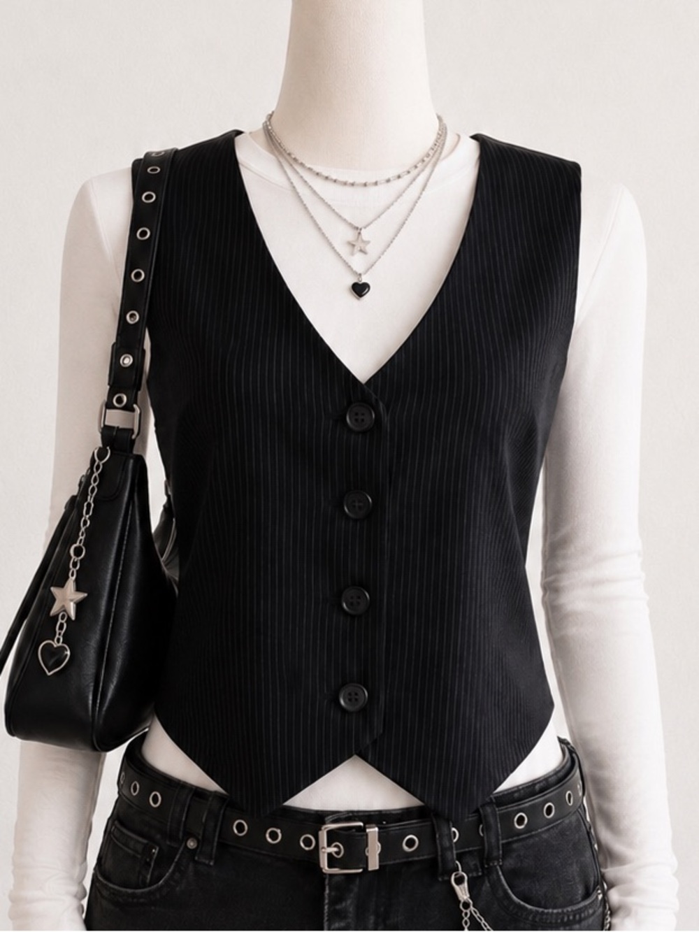 Black Pinstripe Button Front Vest - Sleek Layering Piece